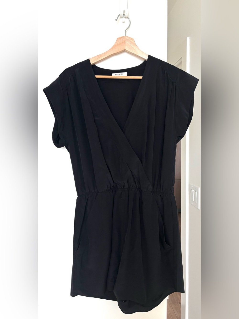 Babaton Black Wrap Romper | Size M | V-Neck Draped Short Sleeve